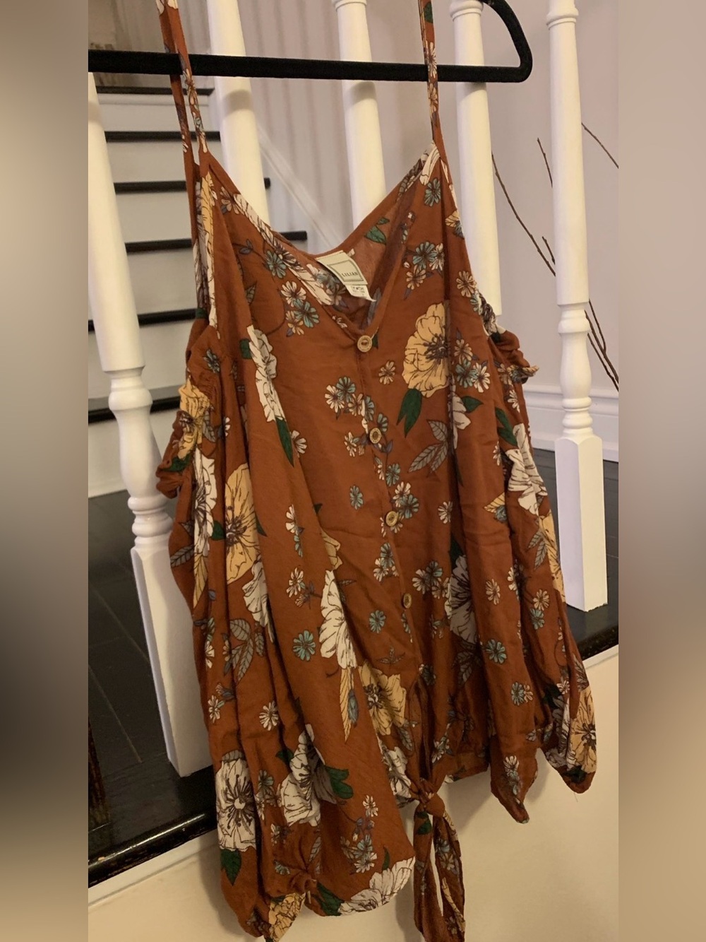 Brown Floral Cold-Shoulder Blouse with Tie Hem